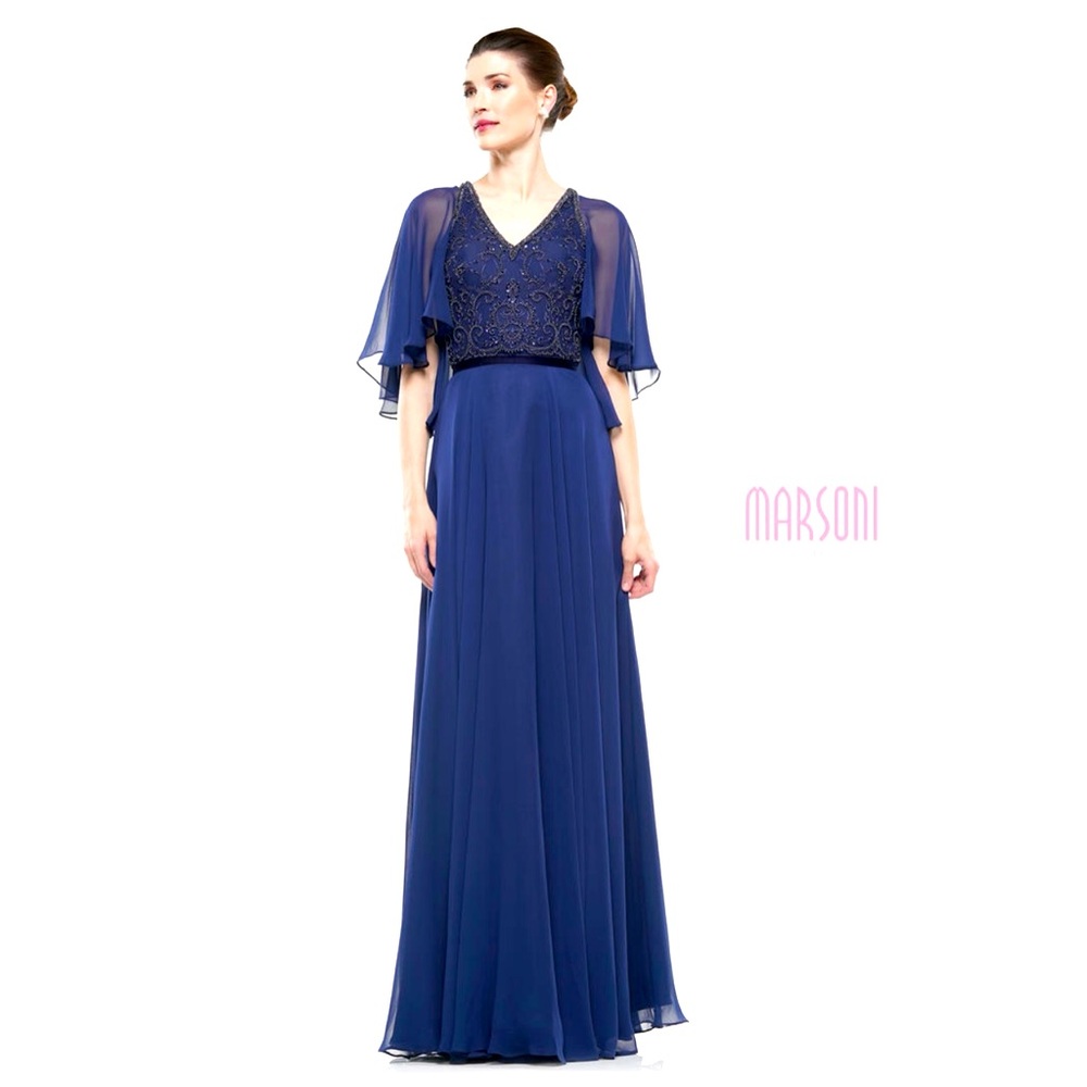 Marsoni Navy new with tags chiffon long formal dress size 8 with sequined top - Picture 4 of 10